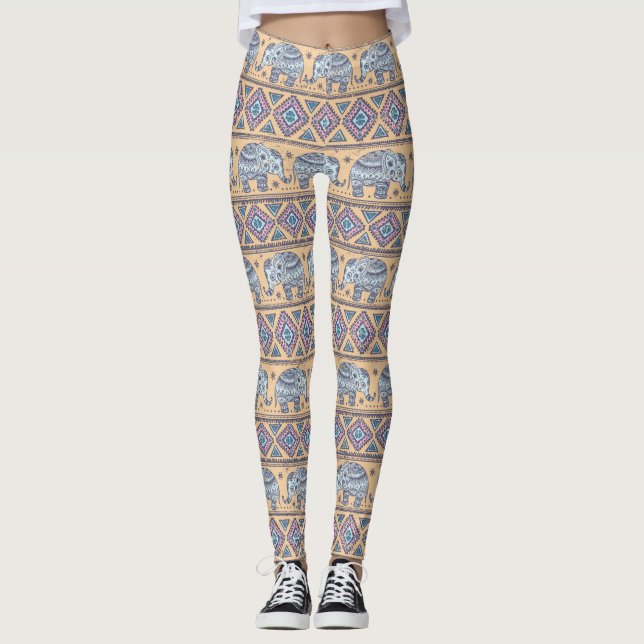Blue Ethnic Elephant Tribal Pattern Leggings (Front)