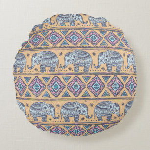 Blue Ethnic Elephant Tribal Pattern Round Pillow