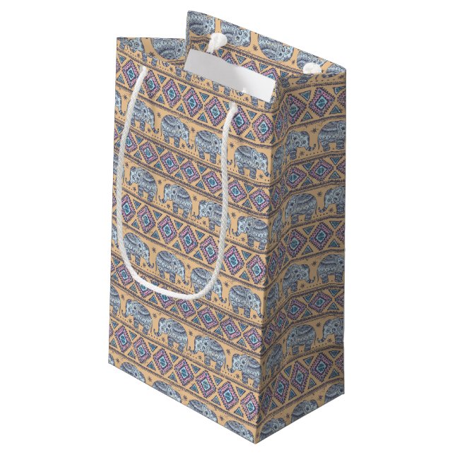 Blue Ethnic Elephant Tribal Pattern Small Gift Bag (Back Angled)