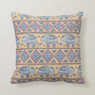Blue Ethnic Elephant Tribal Pattern Throw Pillow