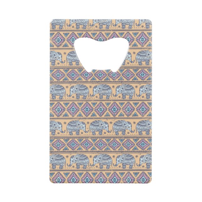 Blue Ethnic Elephant Tribal Pattern Wallet Bottle Opener (Front)