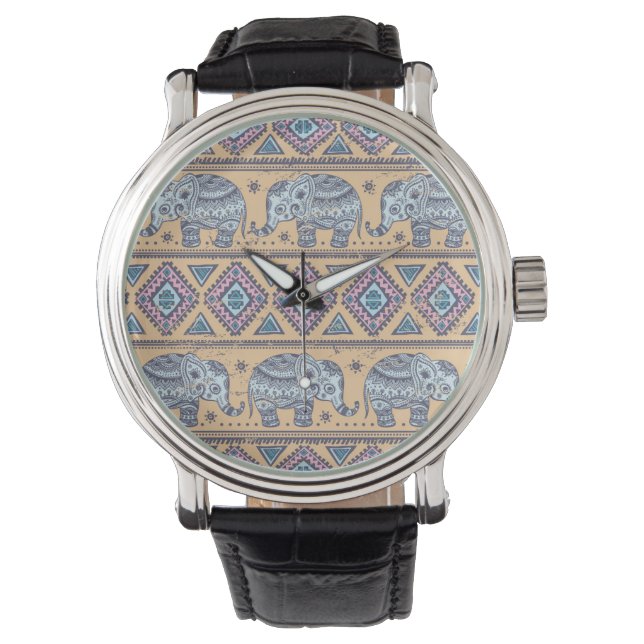 Blue Ethnic Elephant Tribal Pattern Watch (Front)