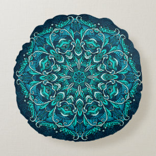 Blue ethnic mandala. Raster copy Round Pillow