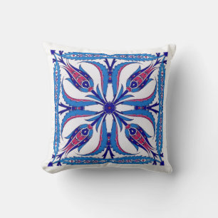 Blue ethnic Turkish design with four Tulips Throw Pillow