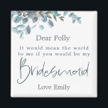 Blue Eucalyptus Leaf Script Bridesmaid Request Magnet<br><div class="desc">A lovely way to ask this special question,  gift this magnet with Blue Eucalyptus leaves adorning the top edge with Bridesmaid in set stylish modern typography in dark blue. The rest of the text can be easily personalized.</div>
