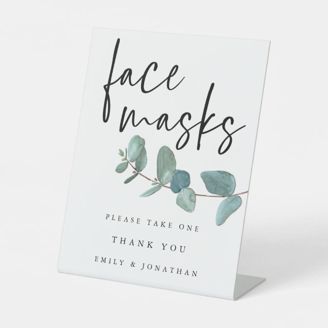 Blue Eucalyptus Leaves Face Mask Script Pedestal Sign (Front)