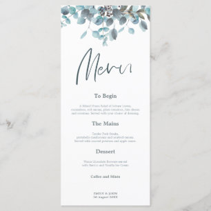 Blue Eucalyptus Leaves Stylish Script wedding Menu