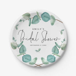 Blue Eucalyptus Script Name Date Bridal Shower Paper Plate