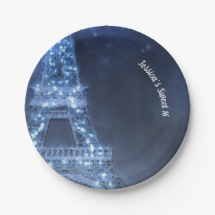 Blue Evening Enchanted Night in Paris Eiffel Tower Paper Plate