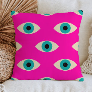 Blue Evil Eyes on Hot Pink Maximalist Funky Throw Pillow