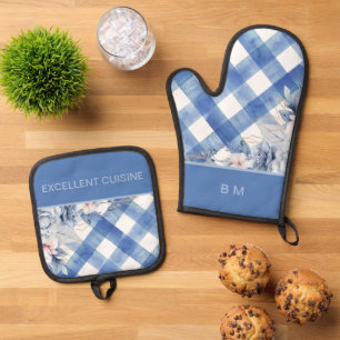 blue excellent cuisine scottish plaid & floral oven mitt & pot holder set
