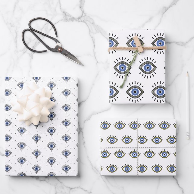 Blue eye design, evil eye protection, good luck wrapping paper sheet (Front)