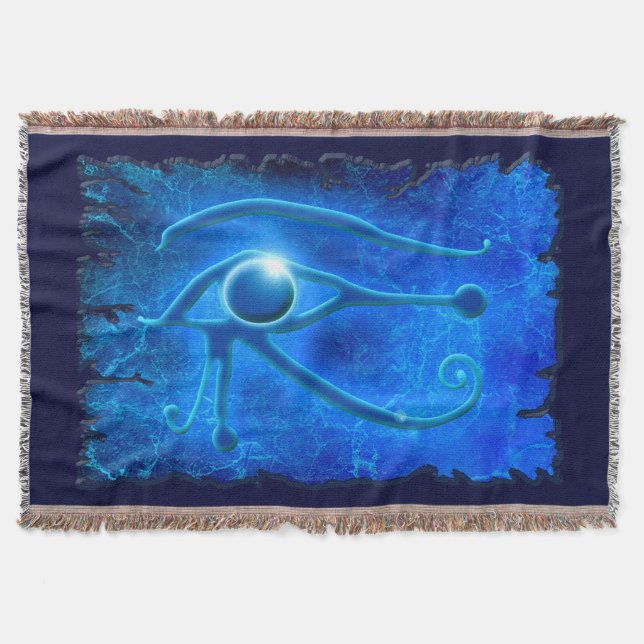 Blue Eye of Horus, Ancient Egyptian Wadjet Art Throw Blanket (Front)