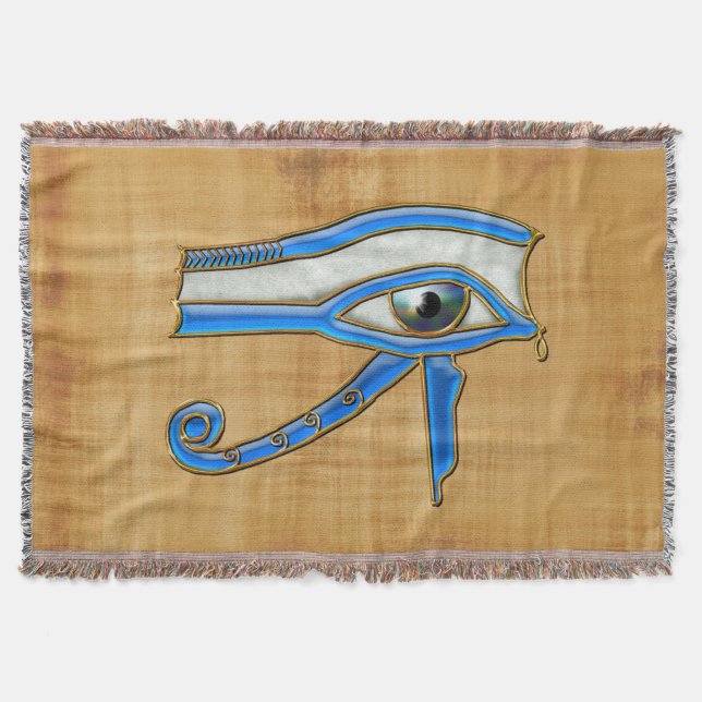 Blue Eye of Horus, Ancient Egyptian Wadjet Throw Blanket (Front)