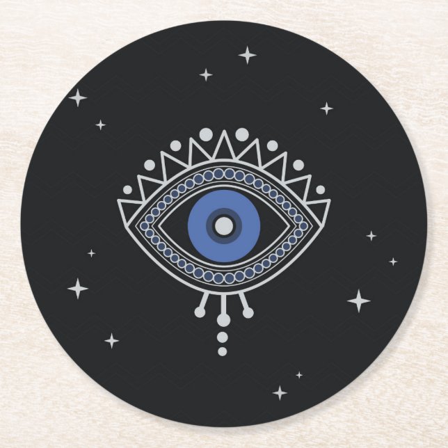 Blue eye protection from bad energy round paper coaster (Front)
