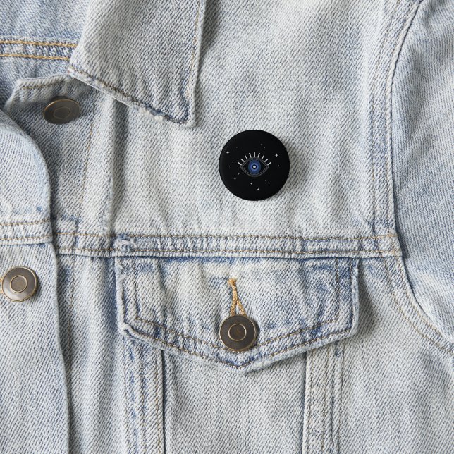 Blue eye protection talisman, evil eye 1 inch round button (In Situ)