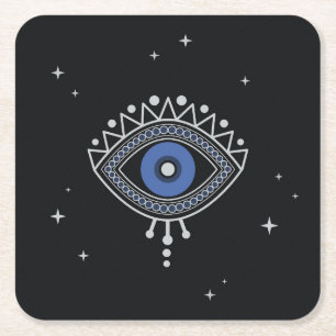 Blue eye protection talisman minimal magic symbol square paper coaster