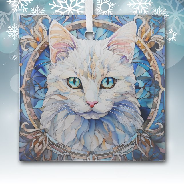 Blue Eye White Cat Stained Glass Ornament (Creator Uploaded)