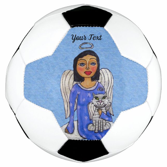 Blue Eyed Angel on Cloud Holding white Angel Cat Soccer Ball (Front)