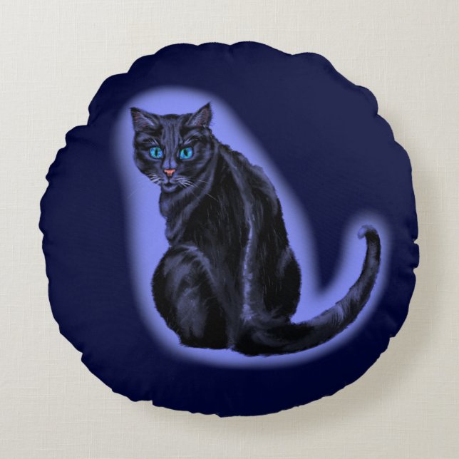 Blue Eyed Black Cat Round Pillow (Front)