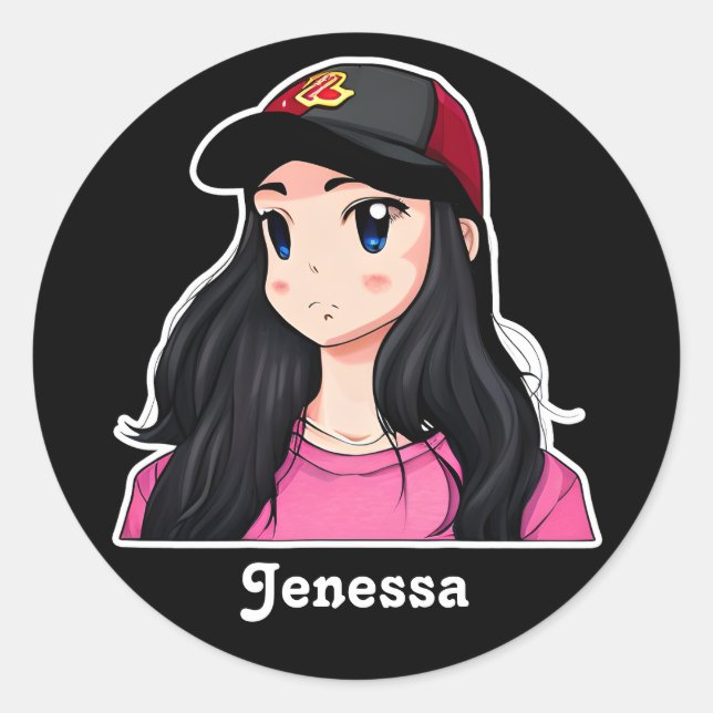 Blue Eyed Black Hair Anime Girl Personalized  Classic Round Sticker (Front)