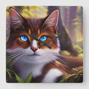 Blue Eyed Cat in the Woods  Square Wall Clock