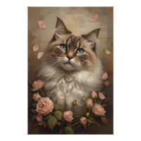 Blue-Eyed Cat with Roses – Elegant Floral Poster