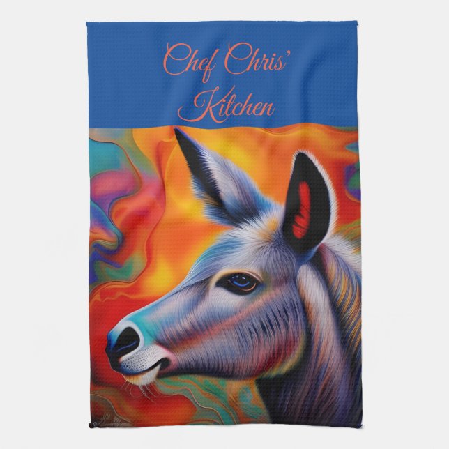 Blue eyed donkey *personalize* kitchen towel (Vertical)