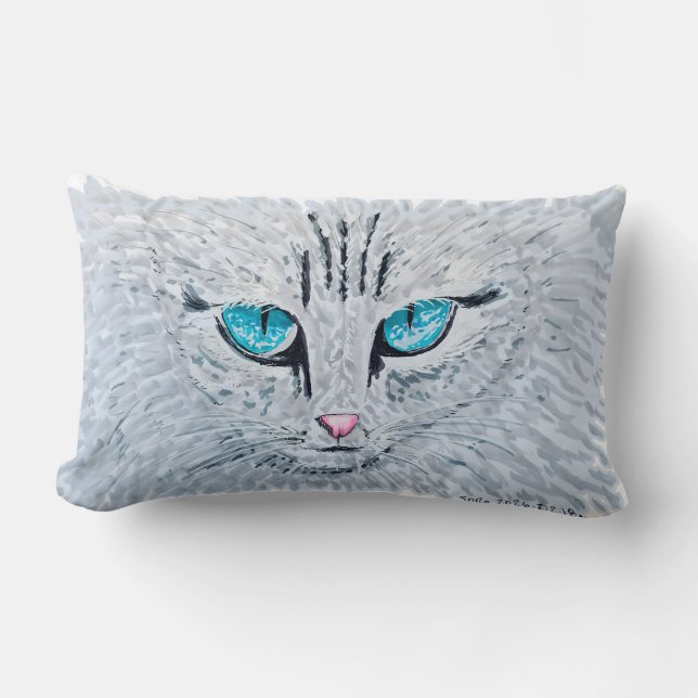 Blue Eyed Fluffy Cat Lumbar Pillow (Front)