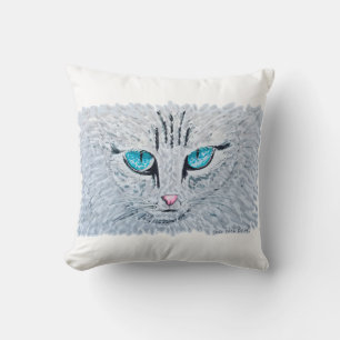 Blue Eyed Fluffy Cat Throw Pillow