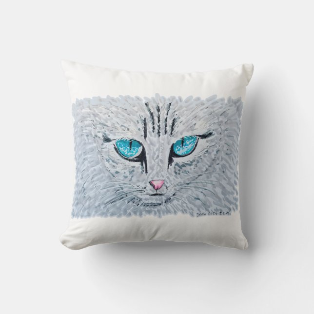Blue Eyed Fluffy Cat Throw Pillow (Front)