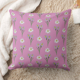 Blue Eyed Grass Flower and Daisy Pattern on Pink Throw Pillow