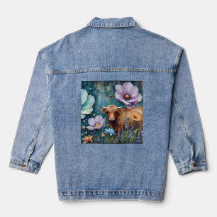 Blue Eyed Highland Cow Floral Colorful Cosmos Denim Jacket
