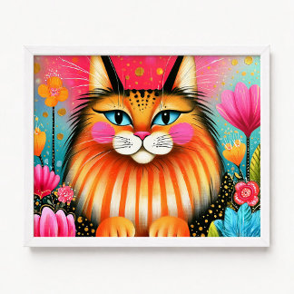 Blue Eyed Pink and Orange Maine Coon Cat Painting Poster