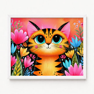 Blue Eyed Pink and Orange Tabby Cat Floral Poster