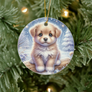 Blue-Eyed Pup in a Winter Dream Ceramic Ornament