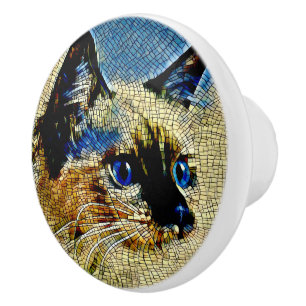 Blue Eyed Siamese Cat Mosaic Tiles Ceramic Knob