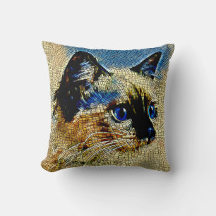 Blue Eyed Siamese Cat Mosaic Tiles Throw Pillow