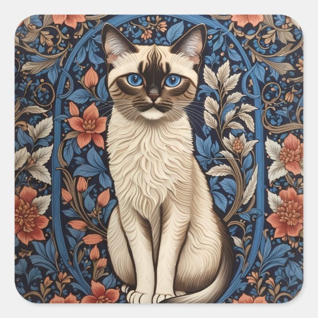 Blue Eyed Siamese Cat William Morris Inspired Square Sticker (Front)