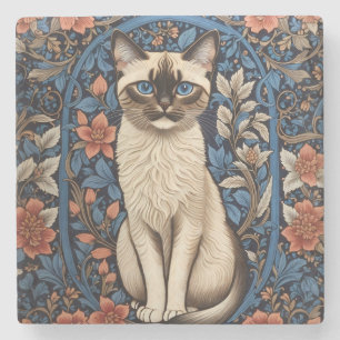 Blue Eyed Siamese Cat William Morris Inspired Stone Coaster