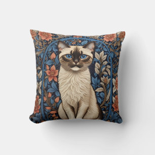 Blue Eyed Siamese Cat William Morris Inspired Throw Pillow