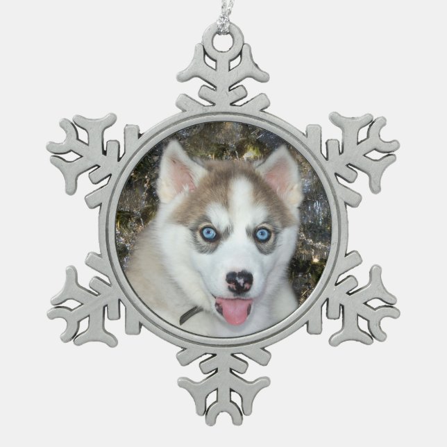 Blue eyed Siberian Husky Christmas Snowflake Pewter Christmas Ornament (Front)