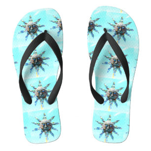 blue-eyed sun-face on light blue flip flops