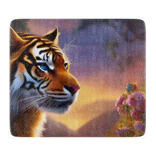 Blue Eyed Tiger and Pink Flowers   Cutting Board