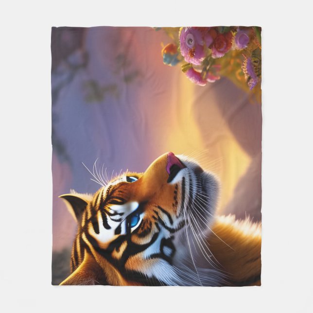 Blue Eyed Tiger and Pink Flowers  Fleece Blanket (Front)
