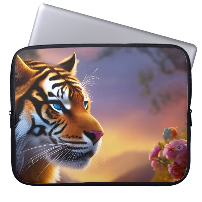 Blue Eyed Tiger and Pink Flowers Laptop Sleeve (Front)