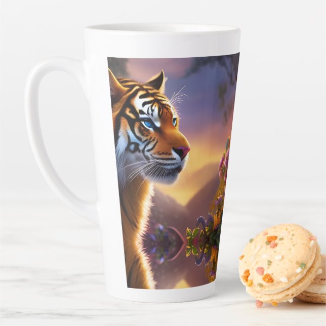 Blue Eyed Tiger and Pink Flowers Latte Mug (In Situ)