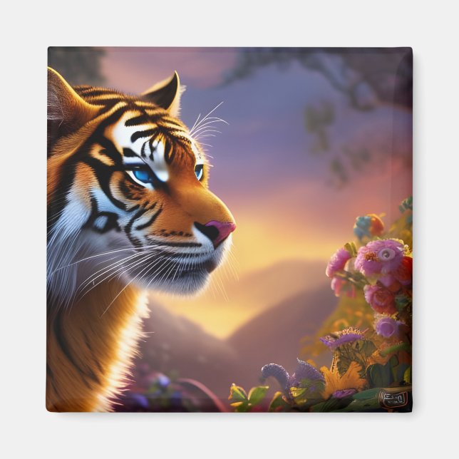 Blue Eyed Tiger and Pink Flowers  Magnet (Front)