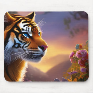 Blue Eyed Tiger and Pink Flowers Mouse Pad