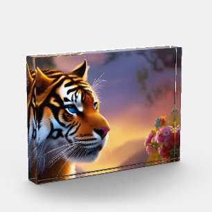 Blue Eyed Tiger and Pink Flowers Photo Block